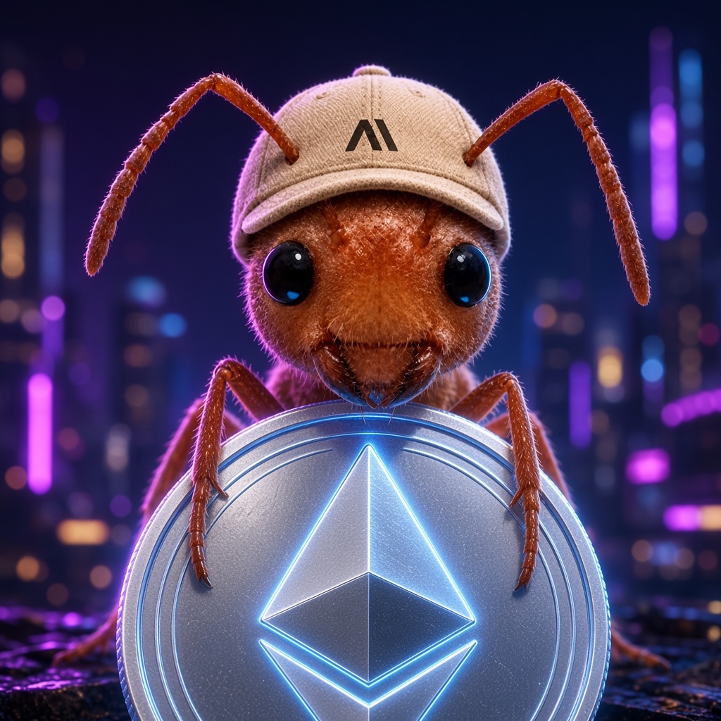 Anthropic peeking over an Ethereum coin at night